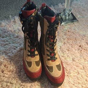 BAMBOO Tan, Brown & Red Lace-Up And Zipper Wedge Boots